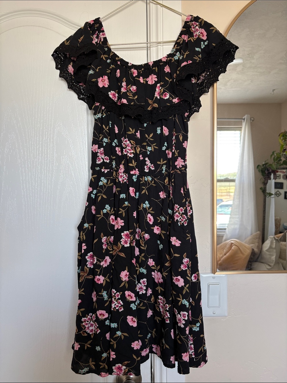Angie Black Midi Dress with Pink Floral Print